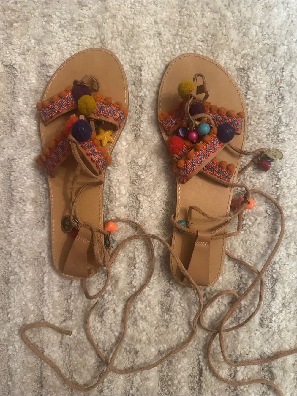 MIA Women’s Tan Pom-Pom Embellished Lace-Up Sandals